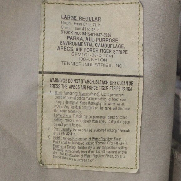 Air Force Tiger Stripe Parka All Purpose Environmental Camoflage Apecs Sz Large - Picture 10 of 16